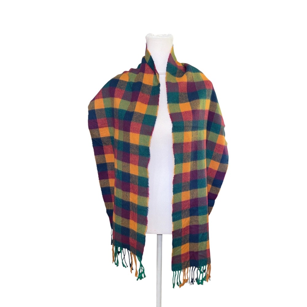 Manhattan Hat Company Plaid Scarf Cashmere Feel Acrylic Multicolor Fringe Wrap